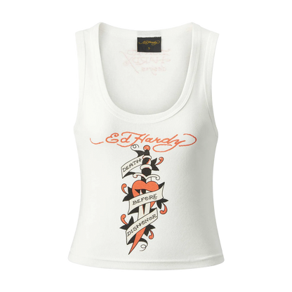 ED HARDY Vest Death Before Ribbed Cropped - White