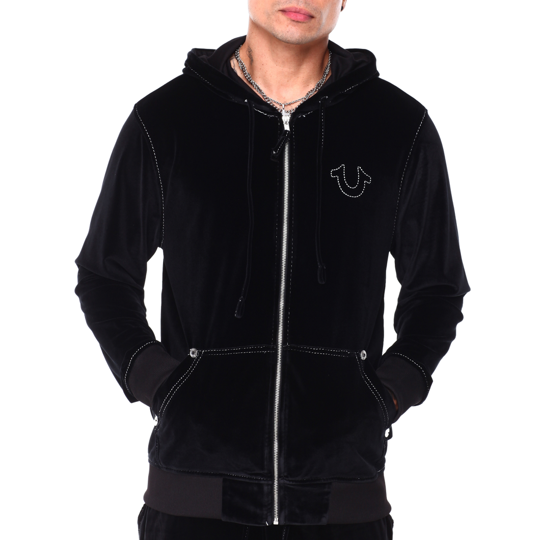 True Religion Big T Velour Zip Up Hoodie, Black