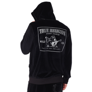 True Religion Big T Velour Zip Up Hoodie, Black
