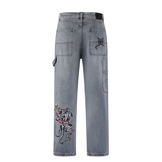 ED HARDY Snake & Panther Carpenter Denim Trousers Jeans