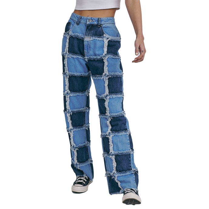 THE RAGGED PRIEST Muse Jeans Blue Denim Patchwork Fray Exposed Seam
